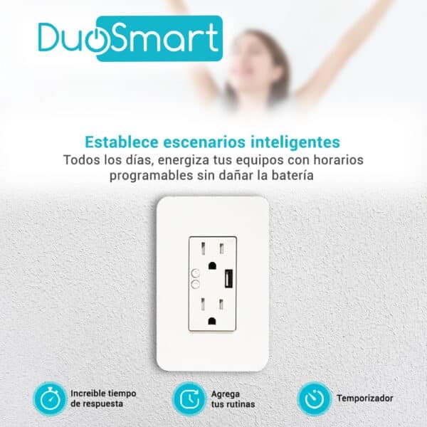 CONTACTO TOMACORRIENTE WIFI 2.4 GHZ, 2 CONTACTOS Y 1 PUERTO USB PARA PARED MEDIDA ESTANDAR, DUOSMART A60.