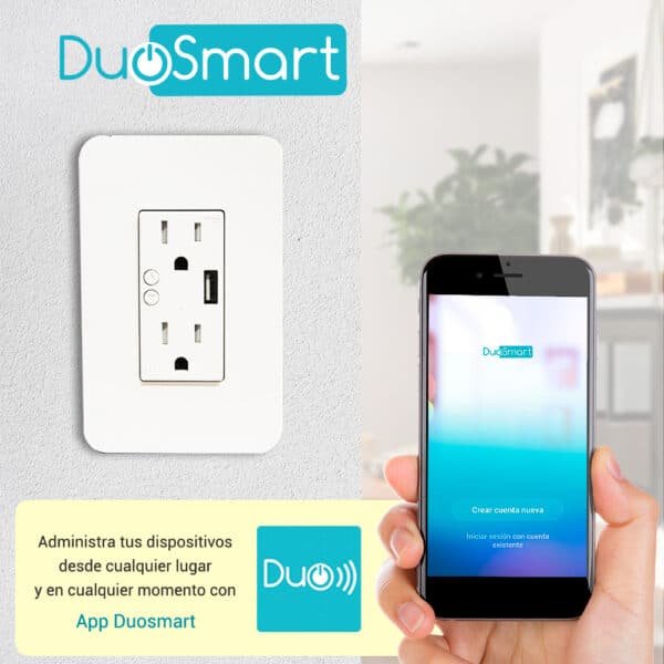 CONTACTO TOMACORRIENTE WIFI 2.4 GHZ, 2 CONTACTOS Y 1 PUERTO USB PARA PARED MEDIDA ESTANDAR, DUOSMART A60.