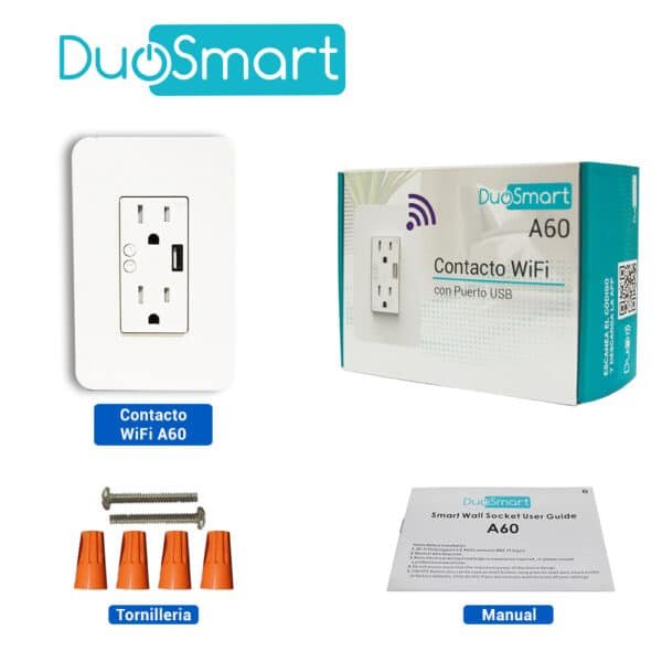CONTACTO TOMACORRIENTE WIFI 2.4 GHZ, 2 CONTACTOS Y 1 PUERTO USB PARA PARED MEDIDA ESTANDAR, DUOSMART A60.