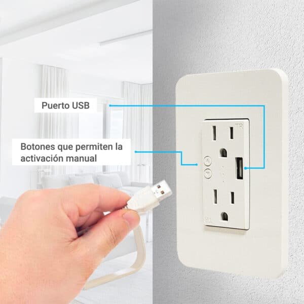 CONTACTO TOMACORRIENTE WIFI 2.4 GHZ, 2 CONTACTOS Y 1 PUERTO USB PARA PARED MEDIDA ESTANDAR, DUOSMART A60.