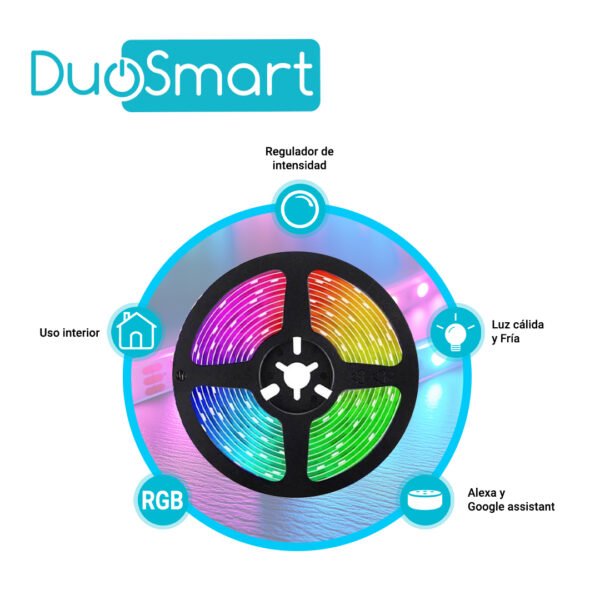 TIRA LED DE 5 METROS MULTICOLOR RGB WIFI 2.4GHZ, COMPATIBLE CON ALEXA Y GOOGLE HOME, DUOSMART, S30.