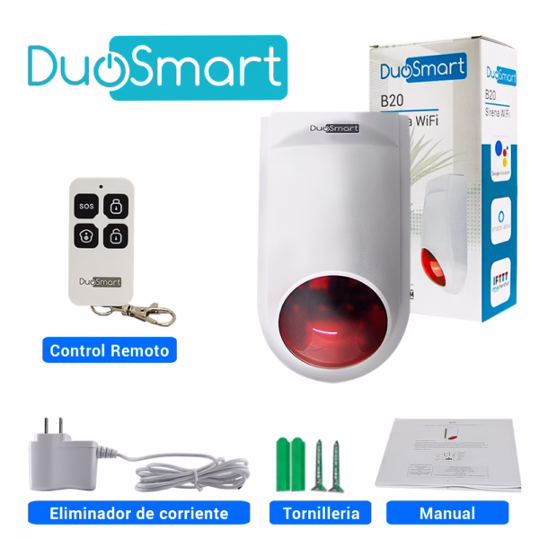 SIRENA INTELIGENTE WIFI 2.4 DUOSMART B20 STANDALONE MONITOREO EN APP DUOSMART, 24HRS AUDIBLE INTERIORES O PERIMETRALES