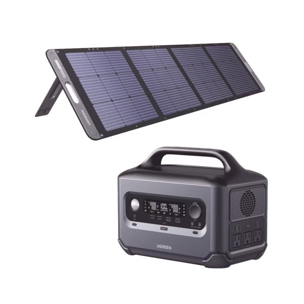 KIT DE ESTACIÓN DE ENERGÍA PORTÁTIL 600W (680WH) + PANEL SOLAR PLEGABLE DE 100W.