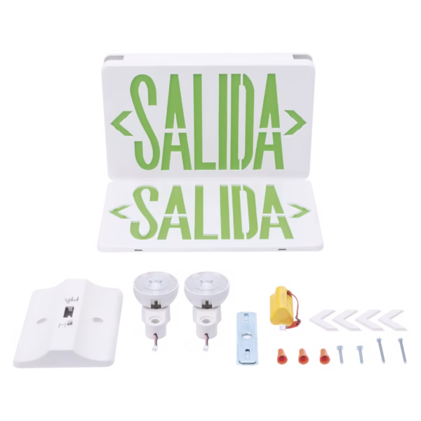 LETRERO DE EMERGENCIA LED DUAL DE SALIDA CON LUZ DE EMERGENCIA/MONTAJE UNIVERSAL (PARED, LATERAL O TECHO)/BATERÍA DE RESPALDO INCLUIDA