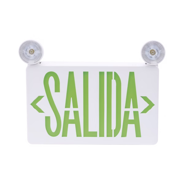LETRERO DE EMERGENCIA LED DUAL DE SALIDA CON LUZ DE EMERGENCIA/MONTAJE UNIVERSAL (PARED, LATERAL O TECHO)/BATERÍA DE RESPALDO INCLUIDA