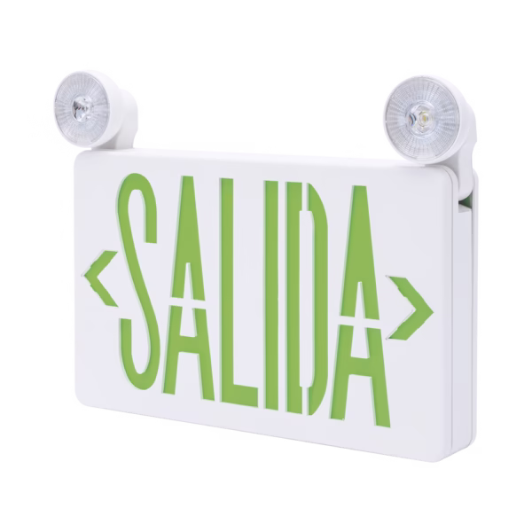 LETRERO DE EMERGENCIA LED DUAL DE SALIDA CON LUZ DE EMERGENCIA/MONTAJE UNIVERSAL (PARED, LATERAL O TECHO)/BATERÍA DE RESPALDO INCLUIDA